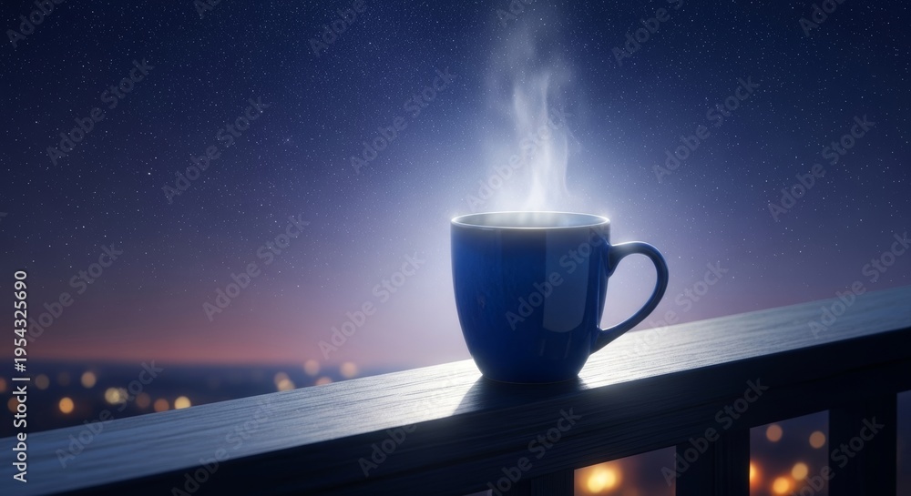 Fototapeta premium Steaming ceramic mug resting on a dark wooden balcony railing under a starry night sky with soft moonlight and distant blurry city lights, relaxation, atmosphere, sleepless