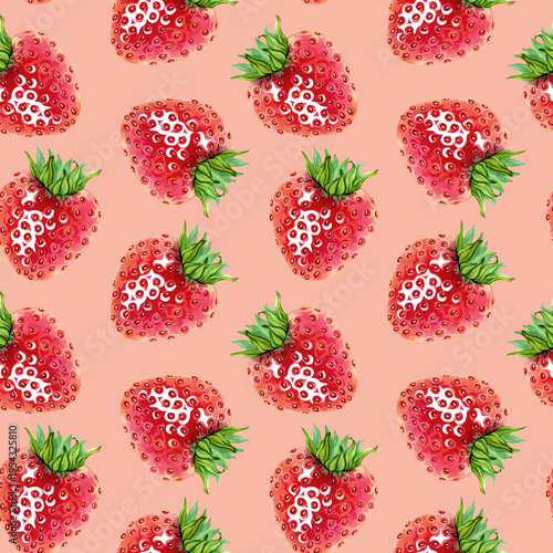 A seamless pattern for fabric or packaging featuring a juicy strawberries. A simple yet elegant endless, delicious fresh red berry with green leaves on top pattern. Hand drawn watercolor illustration