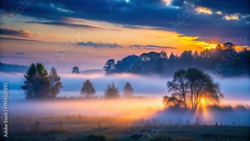 Serene Sunrise Over Misty Landscape with Silhouetted Trees