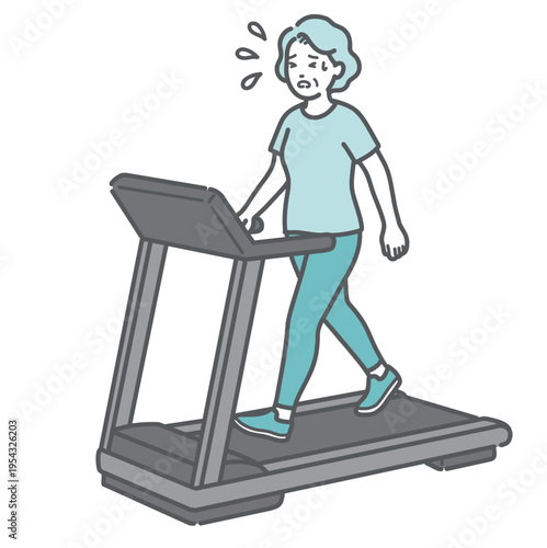 トレッドミルで汗をかいて苦しそうにウォーキングをするシニア女性のイラスト