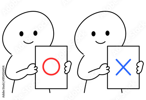 Comparison Of OK And NG Signs With Characters Holding Circle And Cross Marks For Decision Making Concept Illustration Clean Line Style
