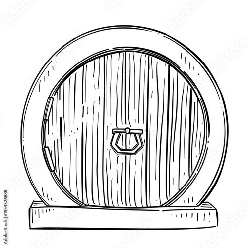 round wooden fantasy door vector line art hand drawn illustration