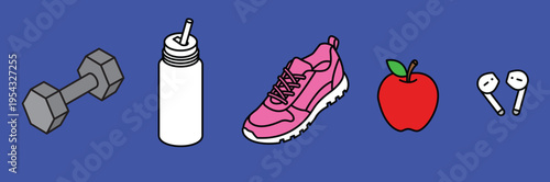 Fitness and Health Elements Sticker Set with Dumbbell Water Bottle Sneaker Apple and Earbuds on Blue Background