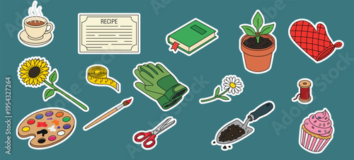 Hobby and Lifestyle Sticker Set with Coffee Recipe Book Gardening Baking Sewing and Craft Elements on Teal Background