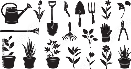 Gardening tools and plants in black and white icons