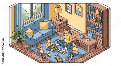 Family playing board game on living room floor with children and toys scattered around them in a cozy home environment with blue couch and yellow walls