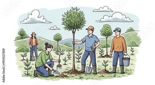 People planting trees in a field with hills and cloudy sky background group of volunteers doing environmental conservation work together