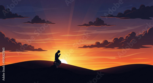 Silhouette of a person standing on a hill at sunset with vibrant orange and purple sky