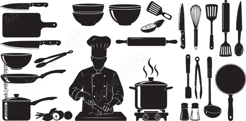 Chef and various kitchen utensils and cooking tools illustration