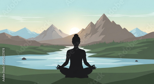Person meditating in serene mountain landscape with river at sunrise or sunset yoga and mindfulness concept
