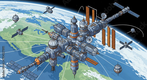 Space station orbiting earth with satellites in space futuristic technology and global communication network