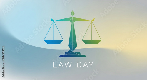 Law day scales of justice with balanced green and blue weights on a gradient background