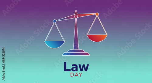 Law day illustration with scales of justice on colorful gradient background symbolizing balance and fairness in the legal system