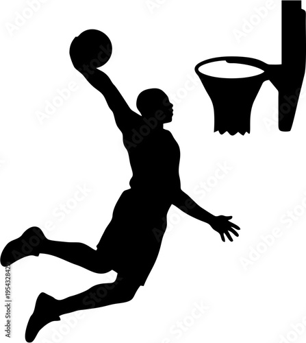Solid black silhouette of a basketball player performing mid air slam dunk