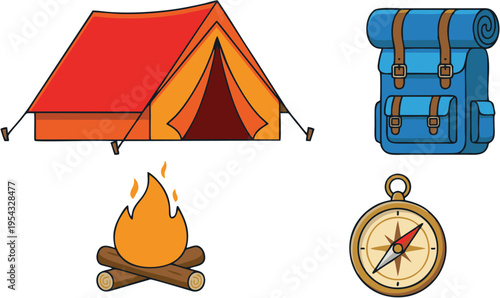 Cartoon camping gear collection with tent campfire and backpack isolated on white