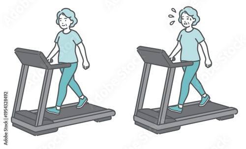 トレッドミルでウォーキングをするシニア女性の比較イラスト（適度な運動と疲労）