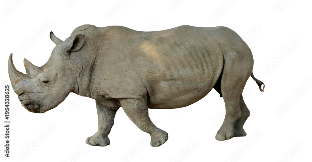 Fototapeta premium Isolated Rhinoceros walking calmly against a dark black background in a studio setting, showcasing its powerful build and unique skin texture