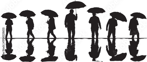 Silhouettes of people walking with umbrellas in rainy weather