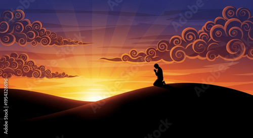 Person standing on hill at sunset with swirly clouds feeling serene and contemplative in nature