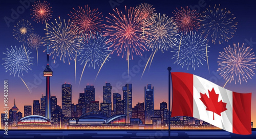 Toronto city skyline with canadian flag and vibrant fireworks display at dusk celebrating canada day