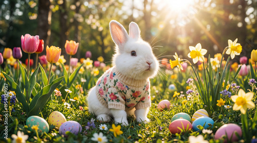 White bunny wearing floral sweater in tulip garden with Easter eggs on sunny grass for cheerful holiday celebration greeting card and poster design