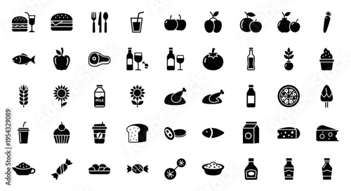 Food and Drink Icon Set Vector Illustration, Restaurant Menu Food Icons Vector Pack