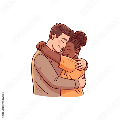 A tender illustration of a man and a woman embracing warmly, conveying love and connection.