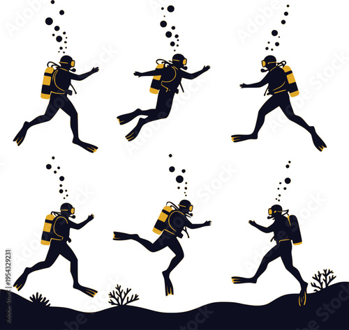 Scuba diver silhouettes set with oxygen tanks and bubbles underwater, minimalist flat vector illustration. Design for scuba diving school branding and marine travel brochures. Transparent EPS version.