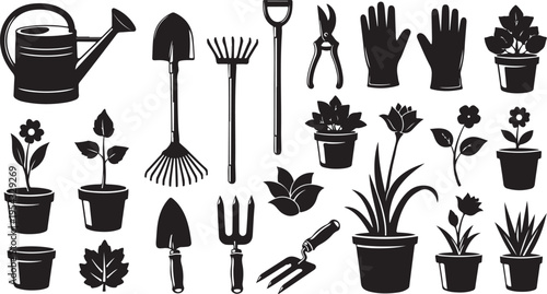 Gardening tools and plants in black silhouette style illustration
