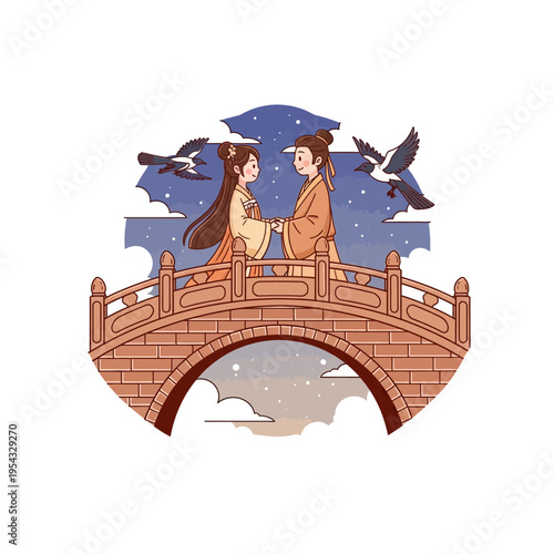 A romantic illustration of a couple in traditional Chinese attire holding hands on a bridge under a starry sky with birds flying.