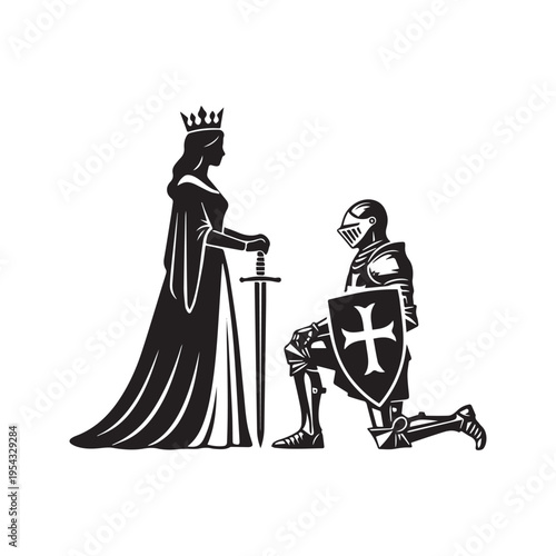 Black and white silhouette vector illustration of a medieval queen knighting a kneeling knight with a sword

