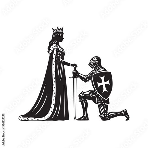Black and white silhouette vector illustration of a medieval queen knighting a kneeling knight with a sword

