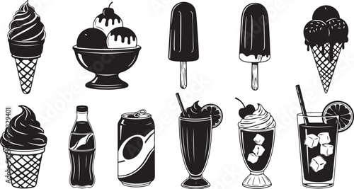 Black and white illustration of various cold treats icons