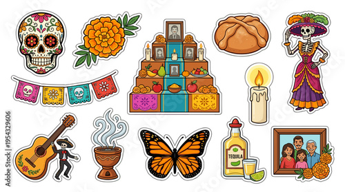 Vibrant dia de los muertos decorations and symbols