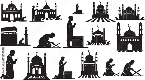Islamic Silhouette Icons of Mosques and Prayerful Muslim Figures
