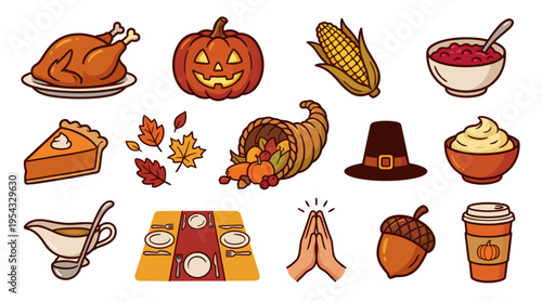Thanksgiving icons set with various autumnal symbols and food