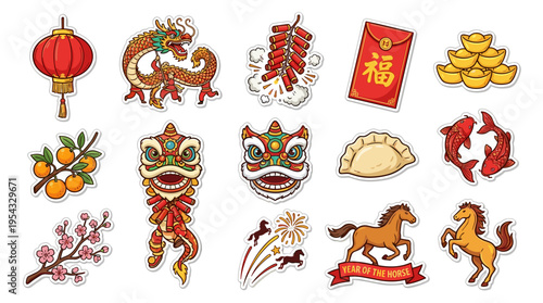 Chinese new year icons and symbols for lunar celebration