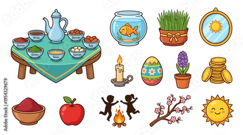 Colorful cartoon icons of food, plants, and objects