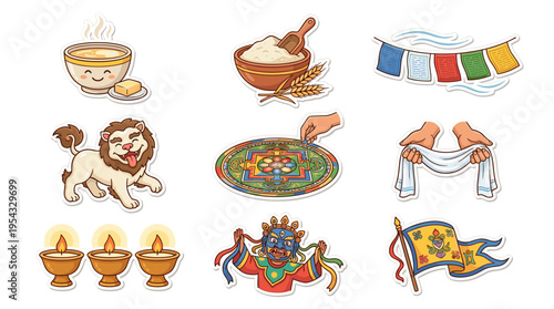 Tibetan cultural symbols and icons including food prayer flags and a lion