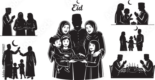 Eid Celebration Family Silhouettes in Black and White Together