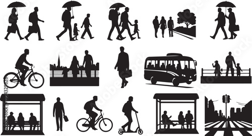 City Life Silhouettes of People Walking and Commuting Daily