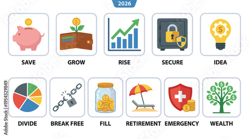 Financial icons and symbols for saving, growth, and wealth management