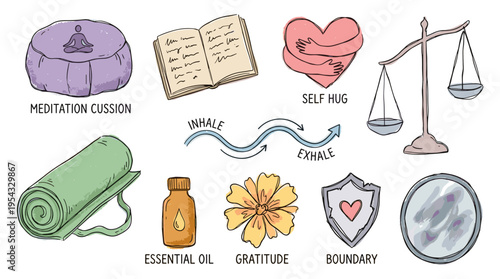 Wellness and self care icons with meditation cushion, yoga mat, essential oil, gratitude