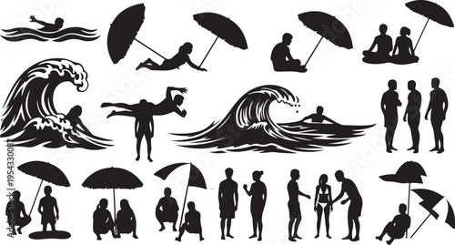 Black Silhouettes of People at Beach with Umbrellas and Waves