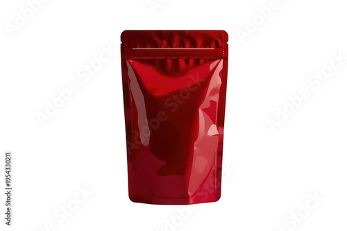Red glossy stand up pouch with zipper, flexible plastic packaging mock up creating an ideal template for food and product branding