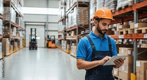 AI-Powered Inventory Management in a Futuristic Logistics Warehouse with Workers Using Tablets