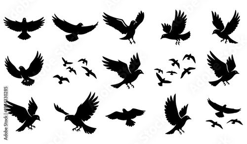 Bird flock icon pack with bold artistic tattoo-style silhouettes vector