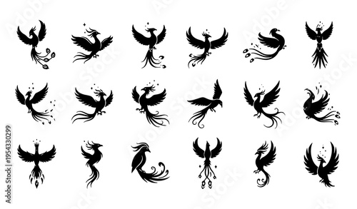 Fantasy bird and phoenix icon pack with magical flying flock silhouettes vector