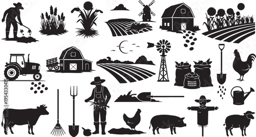 Farm Icons and Symbols in Black and White Color