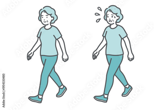ウォーキング（散歩）をするシニア女性の比較イラスト（適度な運動と疲労）